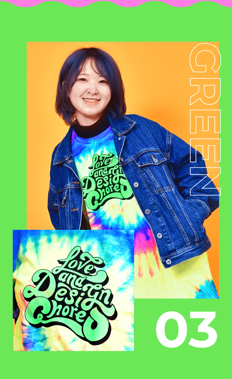 ラインナップ03 グリーンカラー タイダイ柄Tシャツに黒枠×グリーンの「Love and Design Choreo」ロゴプリント